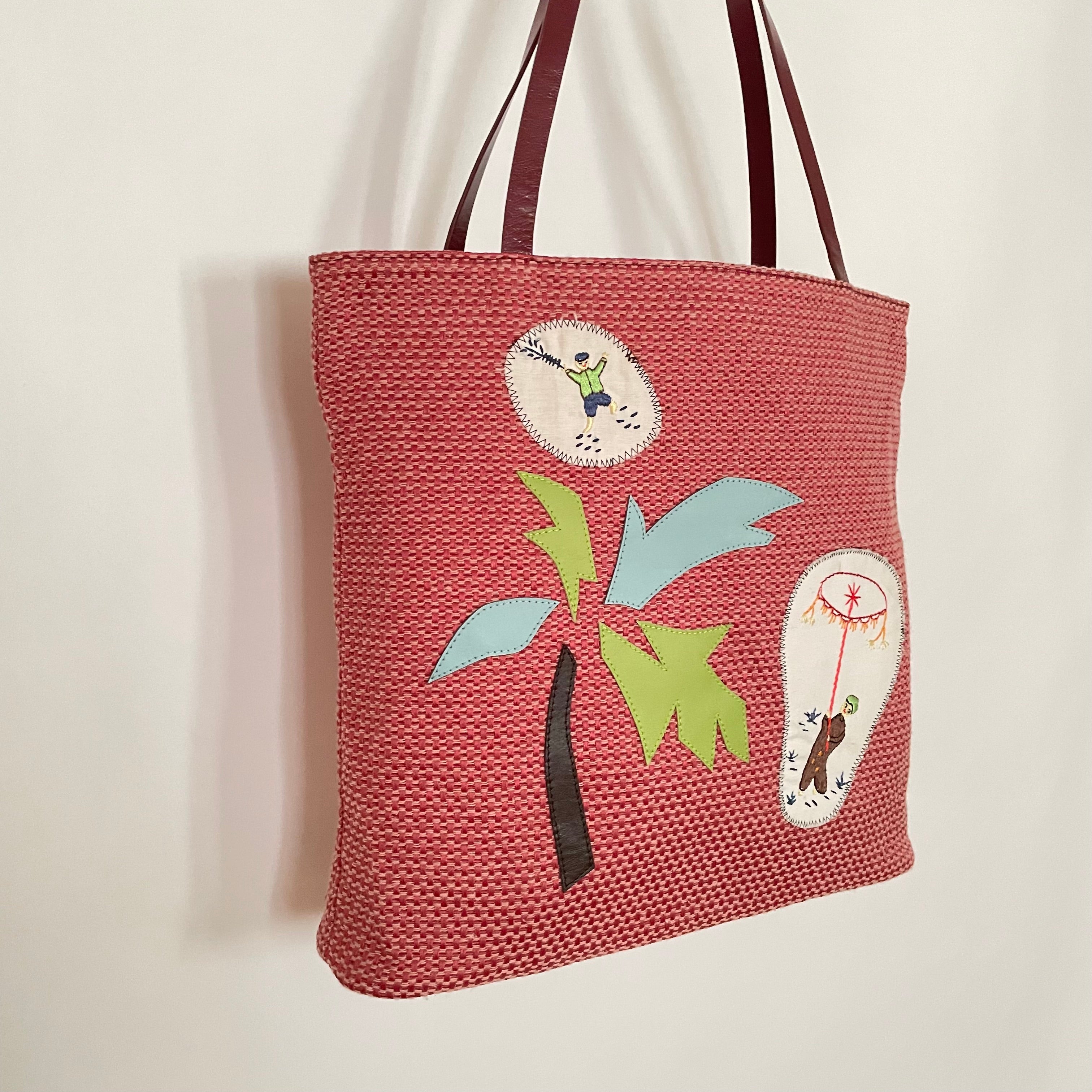 Premium Collection | Soft Cotton Tote with Palm Tree Embroidery Appliqué and Leather Handles | Red